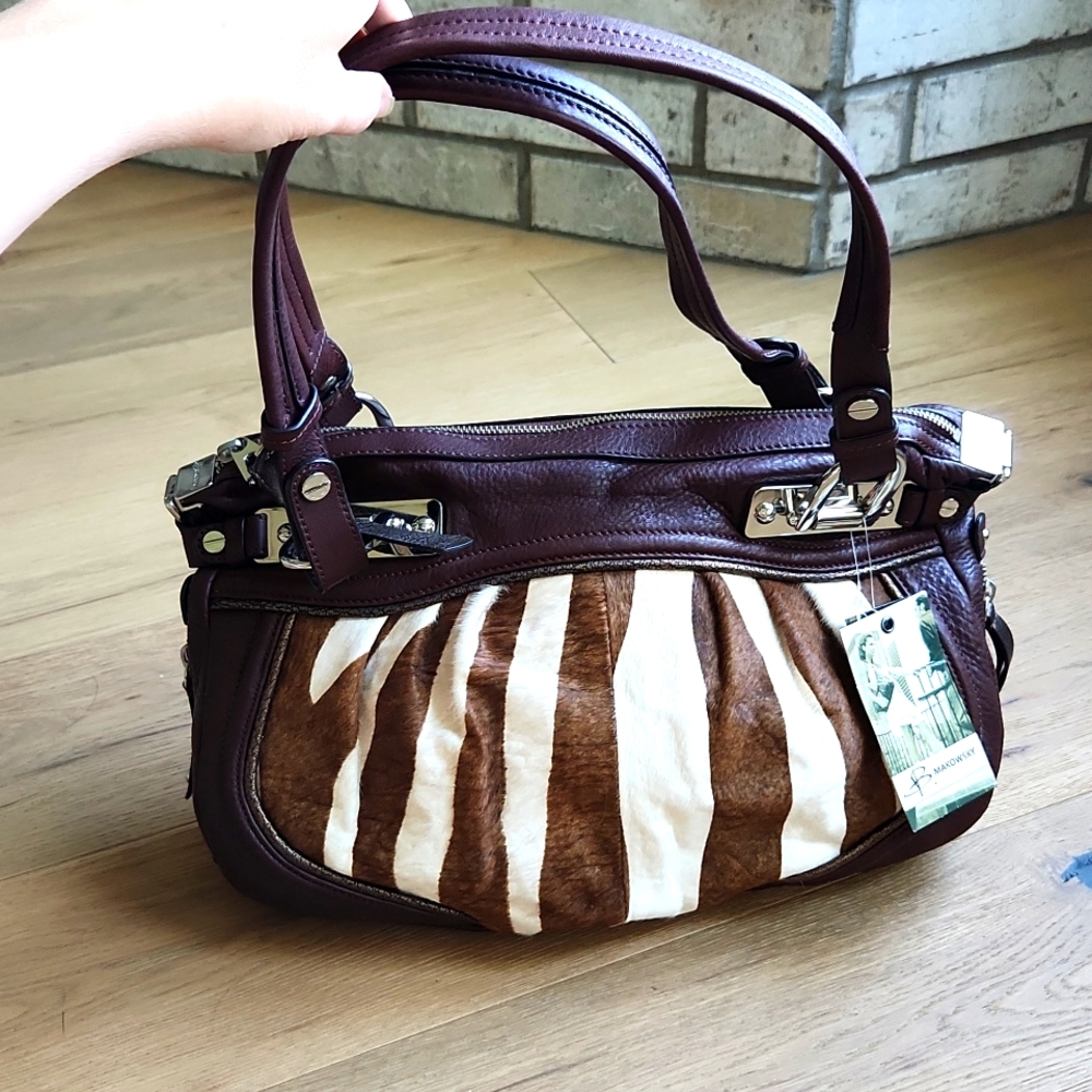 B. Makowsky Brown Leather Cow Hair Handbag Purse Tote